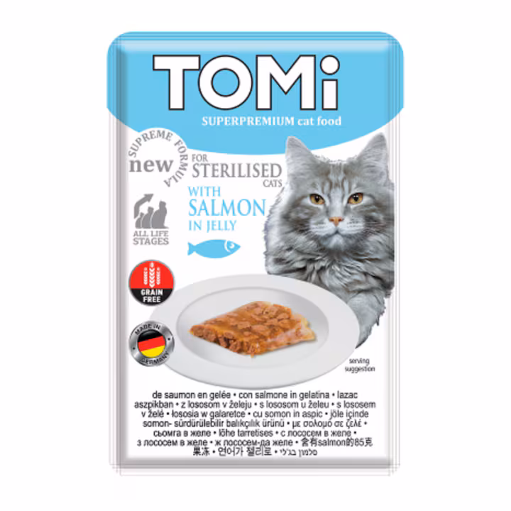 PLIC PISICA TOMI STERILIZAT SOMON IN JELLY 85GR
