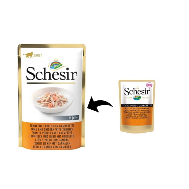 PLIC PISICA SCHESIR TON SI PUI CU CREVETI IN JELLY 85GR